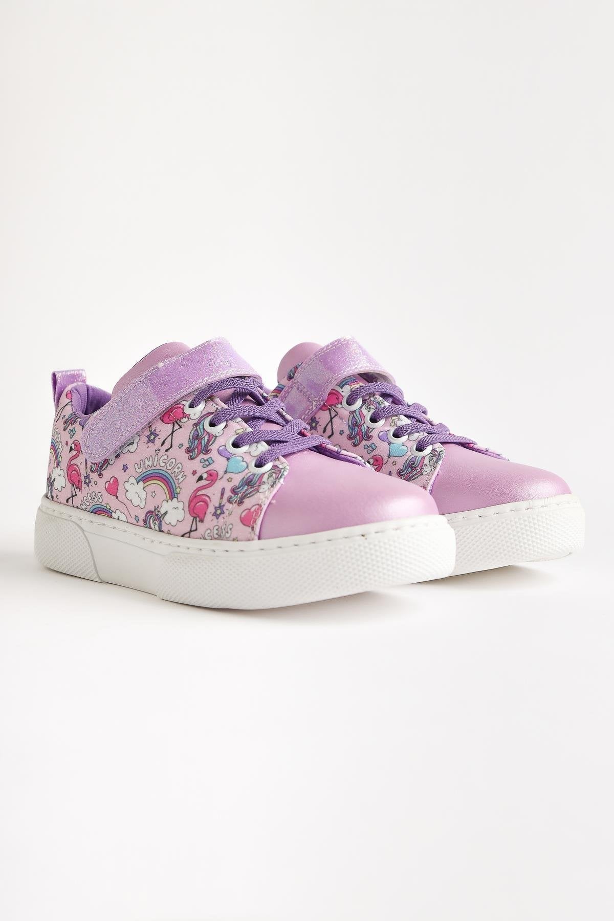 Hoodo Lilac Striped Character Print Lace-Up Sneaker with Velcro Detail for Kids