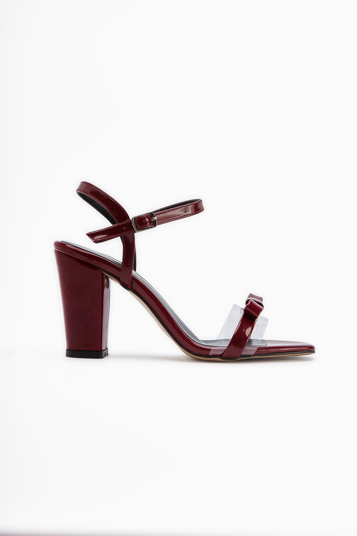 Joyce Burgundy Patent Thick Heeled Ankle Strap Bow Women’s Sandal