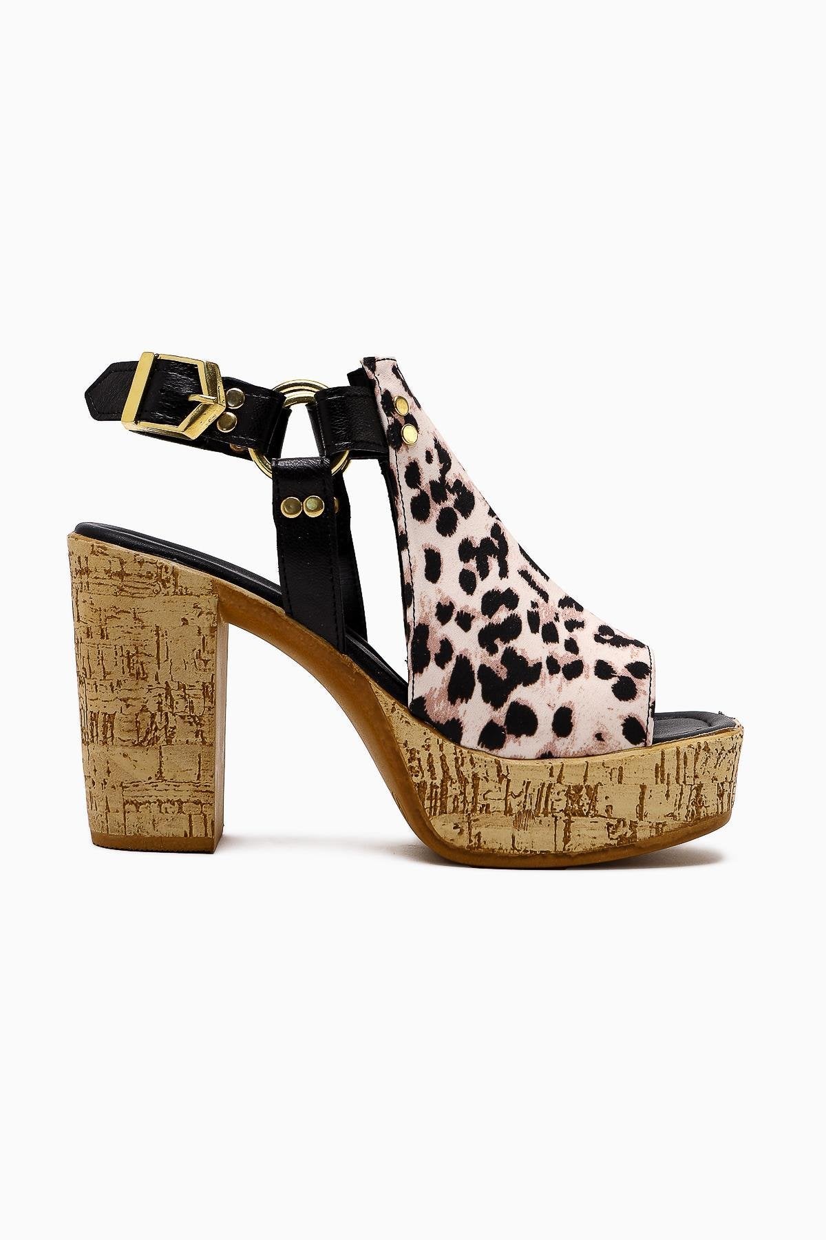 Hadel Black Leopard Belted Platform Heeled Sandals