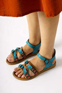 Sohna Genuine Leather Turquoise Sandals with Authentic Embroidery