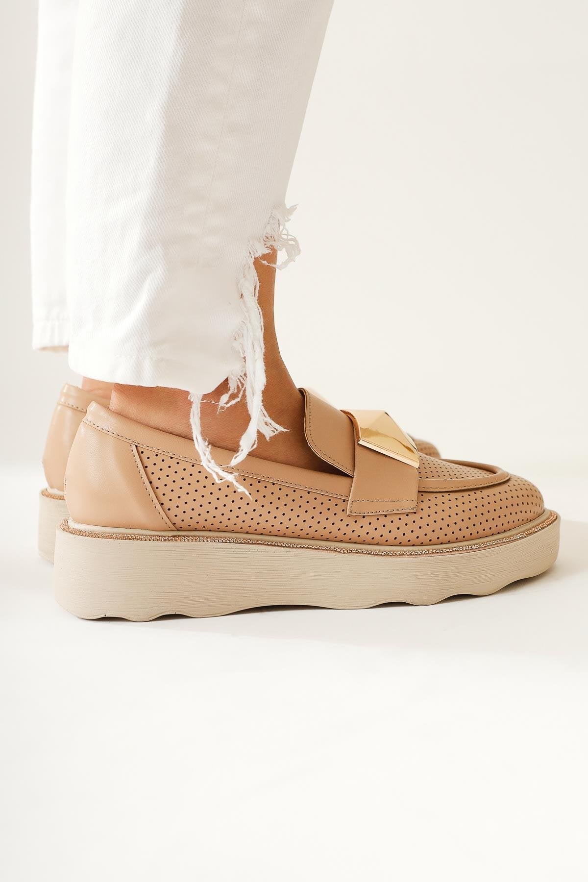 Khloe – Nude Buckle-Detail Perforated Loafer (Women)
