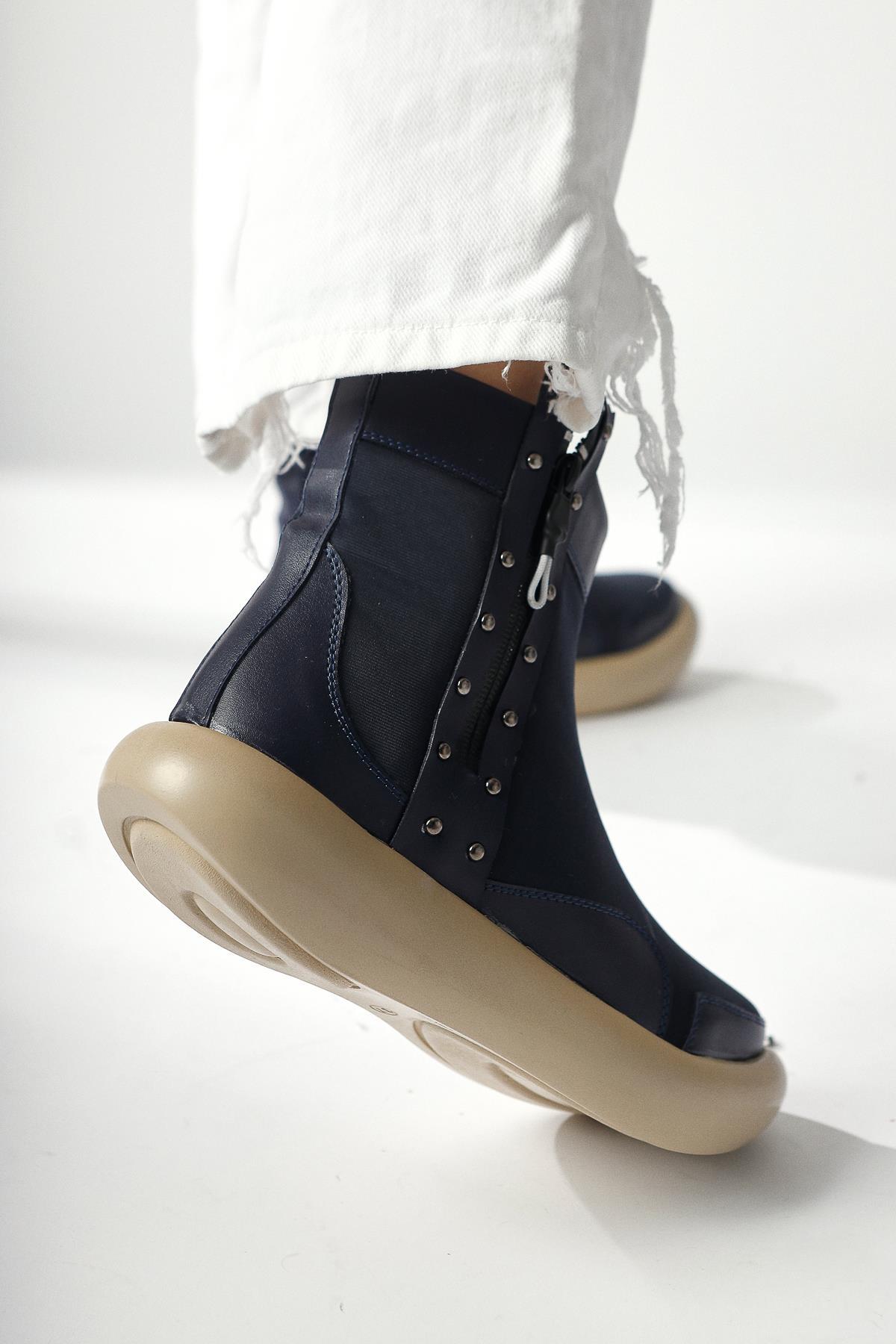 Maeda – Navy Neoprene Fabric Stud and Zipper-Detail Boot (Women)