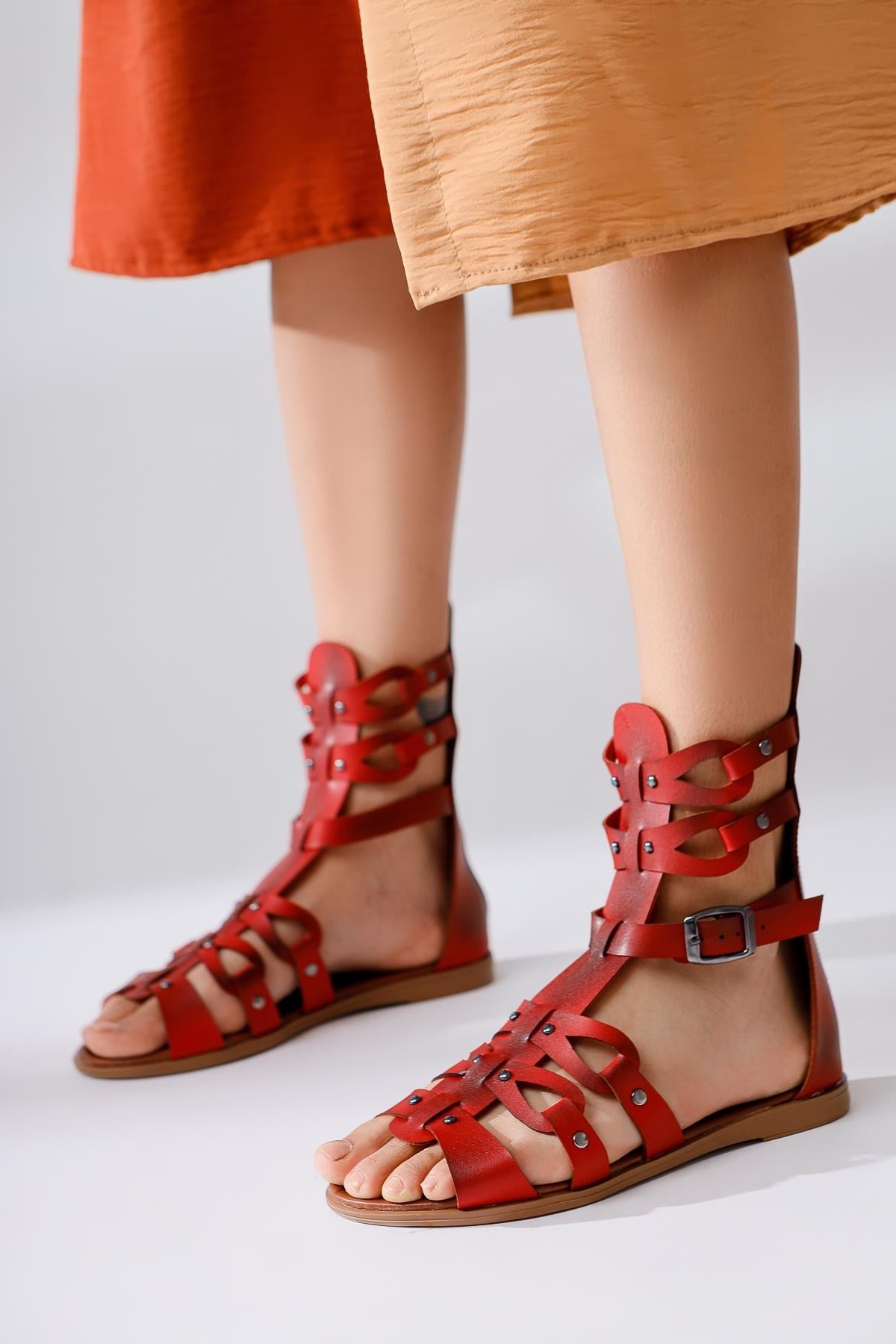 Georgina Genuine Leather Red Studded Gladiator Sandals