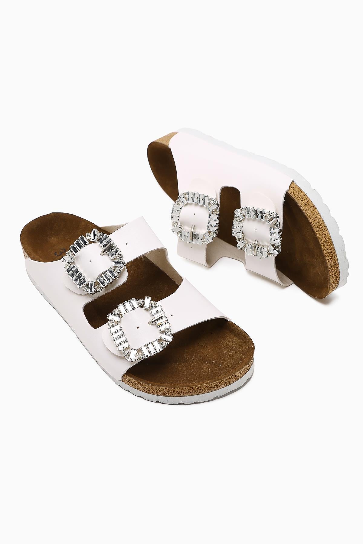 Brisa White Double Strap Embellished Buckle Detail Slide