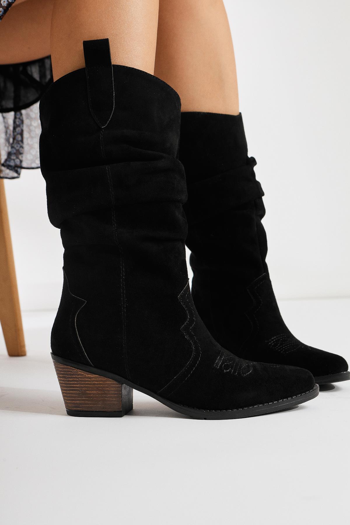 Lise-Britt – Black Suede Gusseted Embroidered Western Boot (Women)