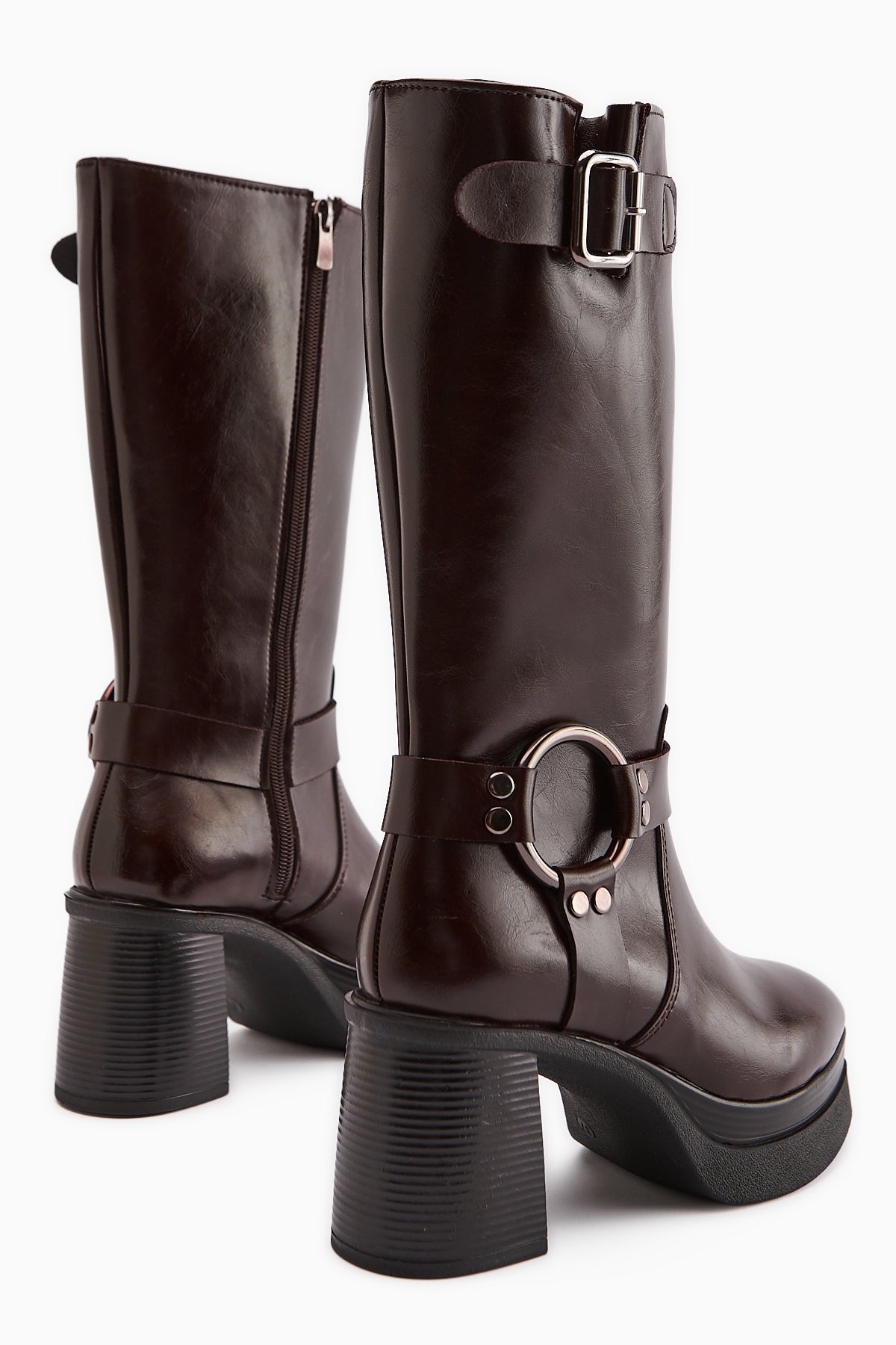 Beris – Burgundy Buckle-Detail Platform Heel Knee-High Boot (Women)