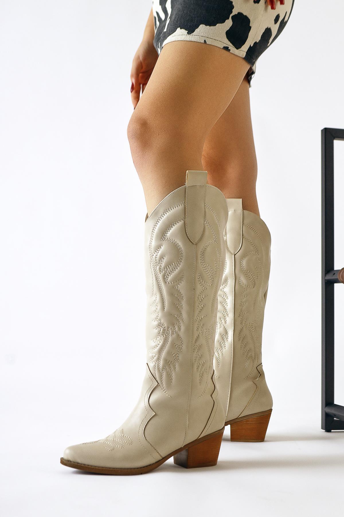 Florida – Beige Embroidery-Detail Pointed-Toe Western Knee-High Boot (Women)