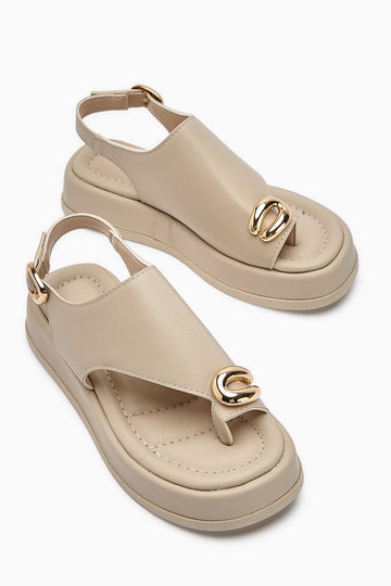 Troya Beige Toe-Post Buckled Women's Sandals