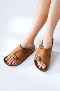 Christella Taba Suede Slippers with Double Buckle Details