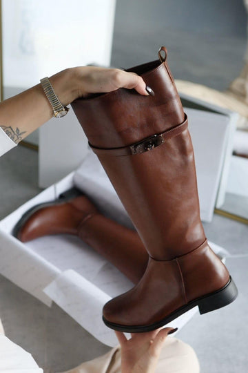 Kanako – Cognac Accessory-Detail Zippered Low-Heel Knee-High Boot (Women)