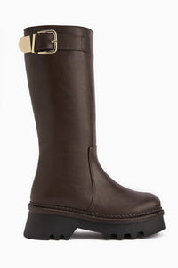 Hely – Brown Buckle-Detail Platform Knee-High Boot (Women)