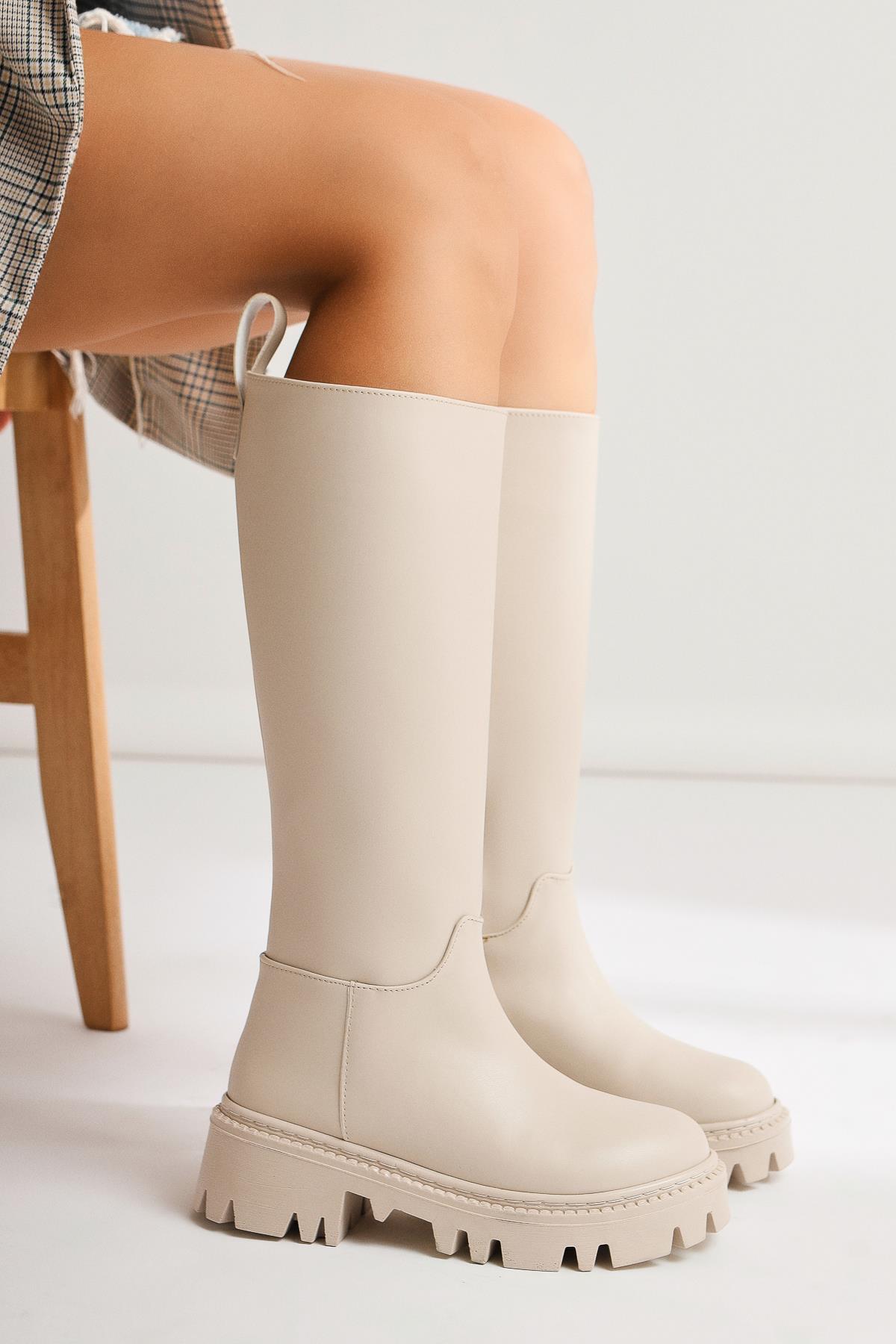 Escada – Beige Thick-Sole Zippered Knee-High Boot (Women)
