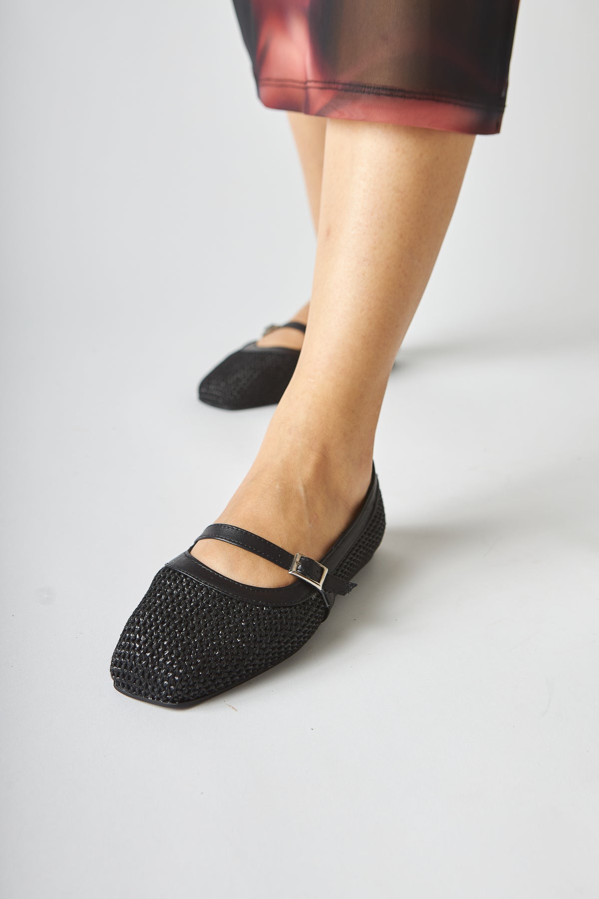 Remza Black Women's Ballet Flat with Buckle, Comfortable Daily Shoe, Woven Texture