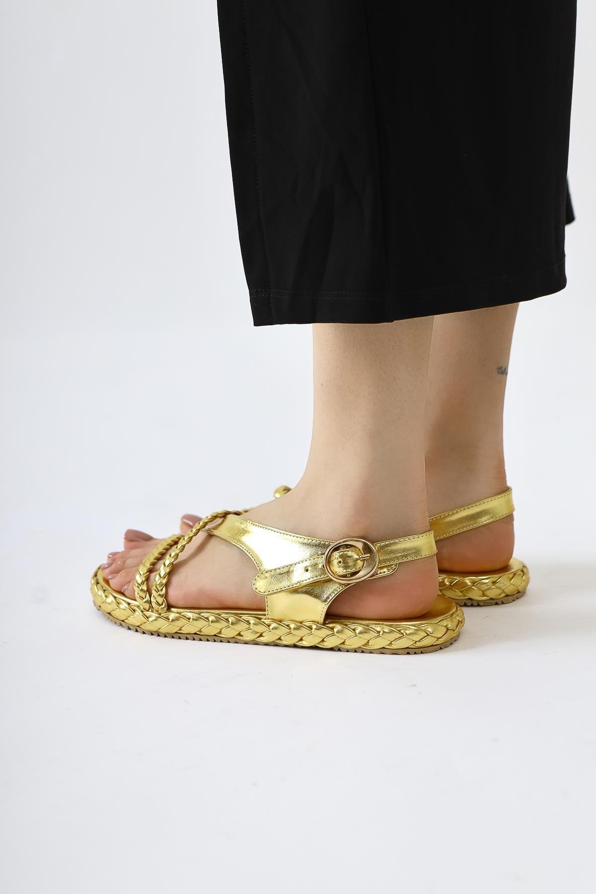 Nera Gold Patent Woven Strap Sandals