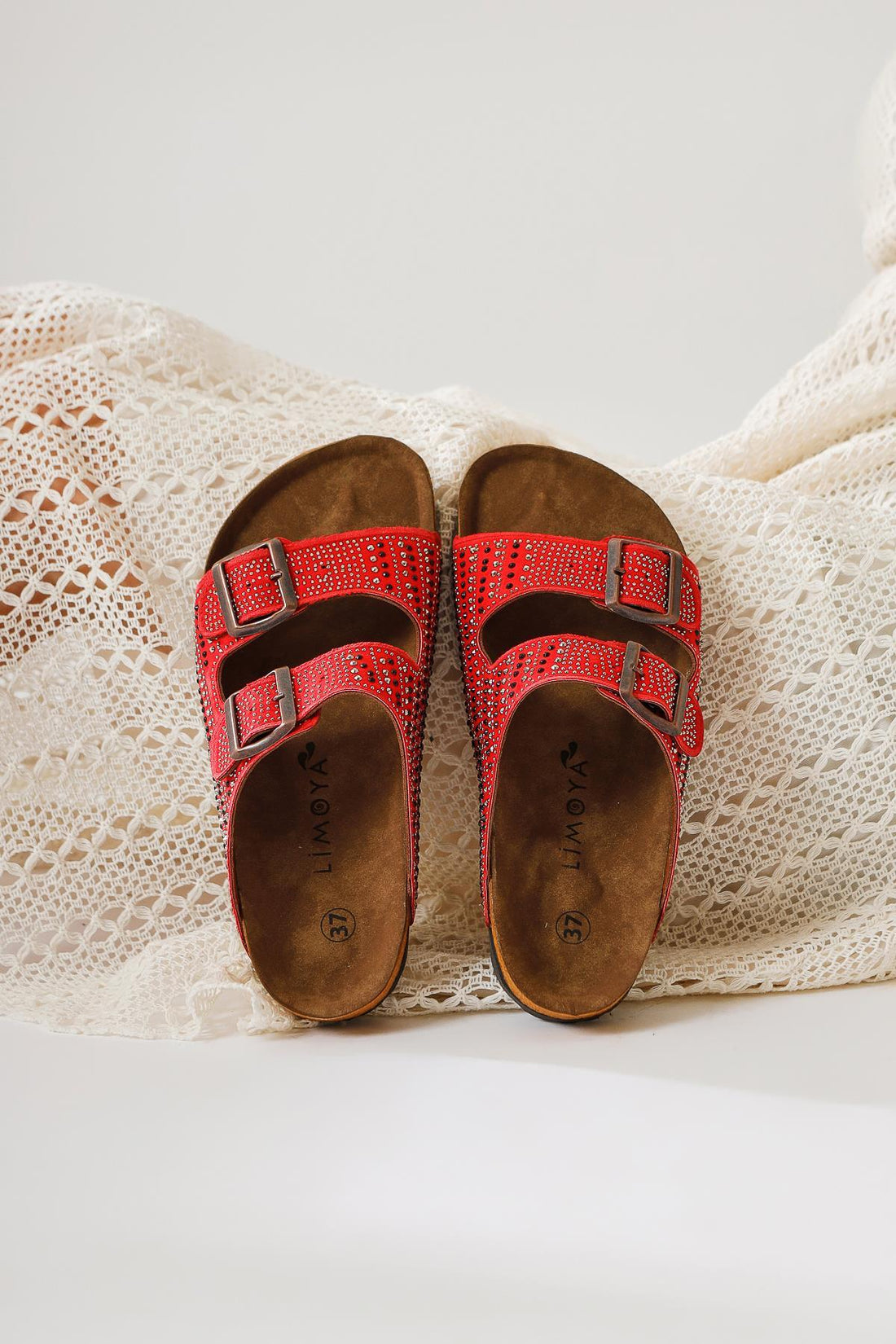 Aire Red Double-Strap Slides with Stone Detail
