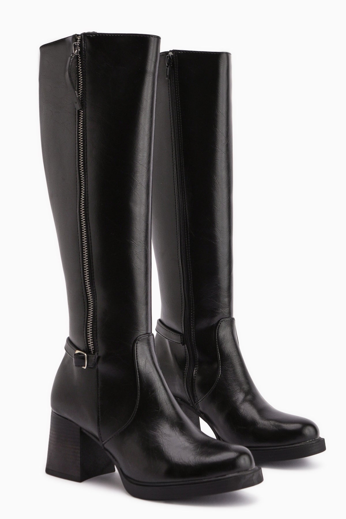 Nelia – Black Wide-Calf Heeled Knee-High Boot (Women)