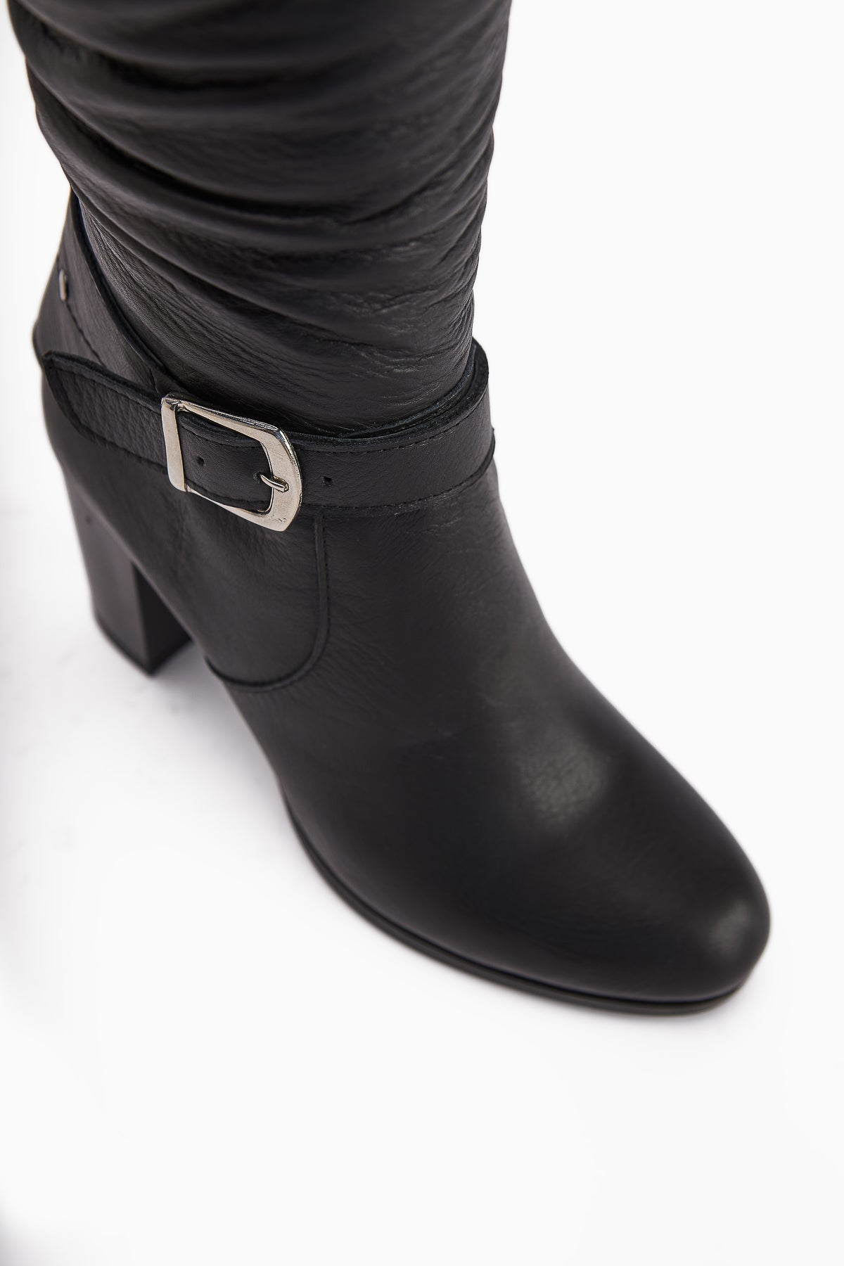 Ting Genuine Leather – Black Buckle-Detail Heeled Knee-High Boot (Women)