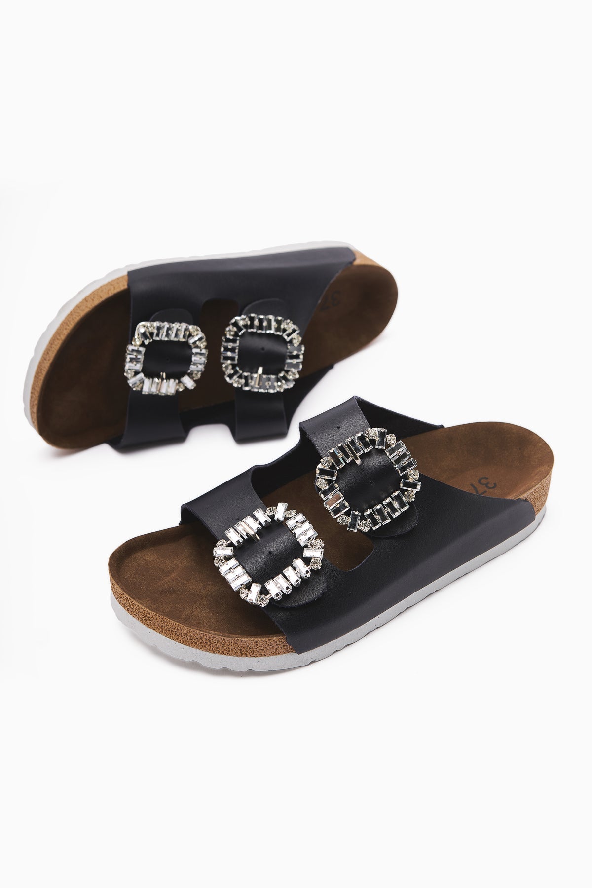 Brisa Navy Double Strap Embellished Buckle Detail Slippers