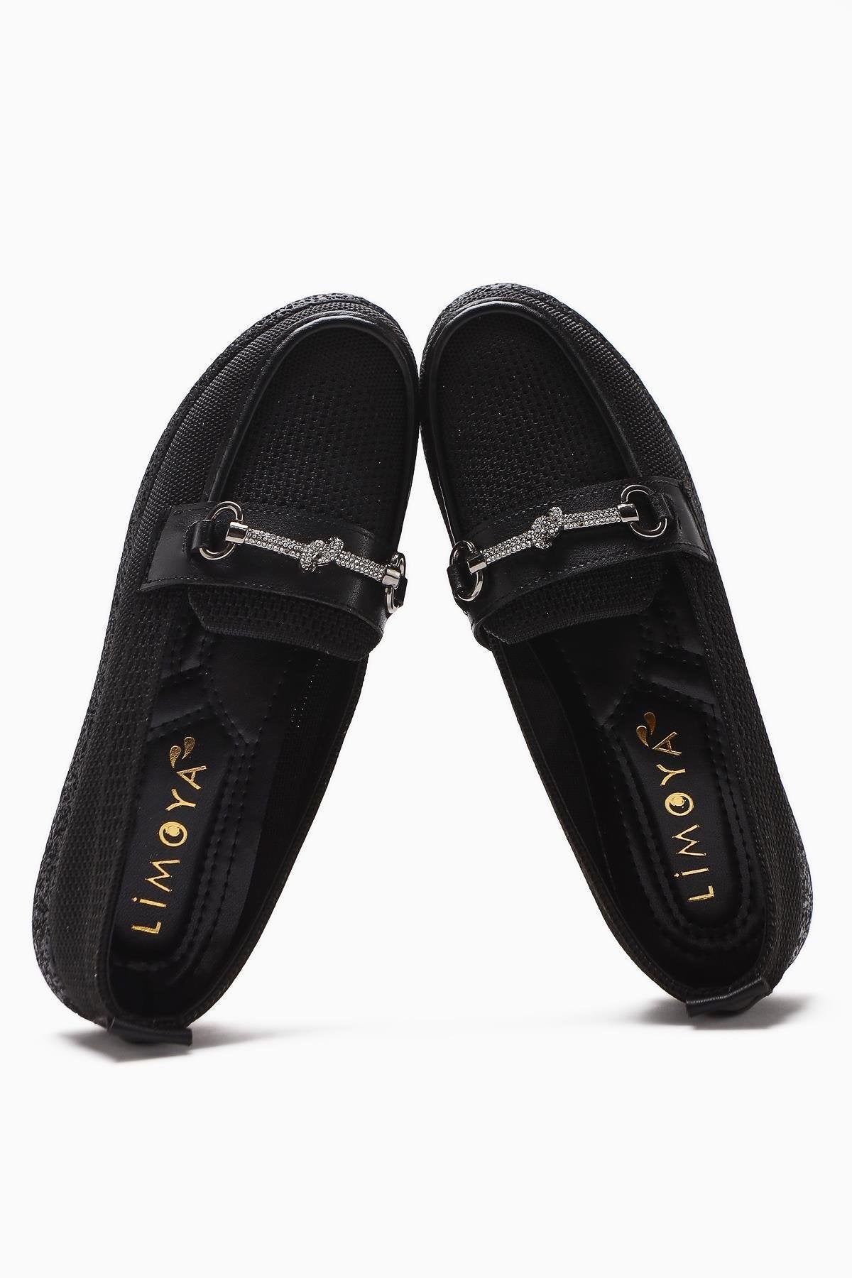 Alea Black Woven Women's Shoe with Rhinestone Buckle Detail