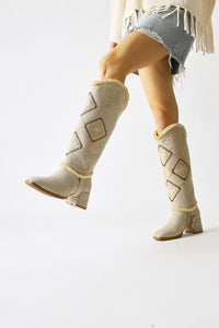 Hilka Beige Suede Removable Shaft with Ethnic Pattern Boots