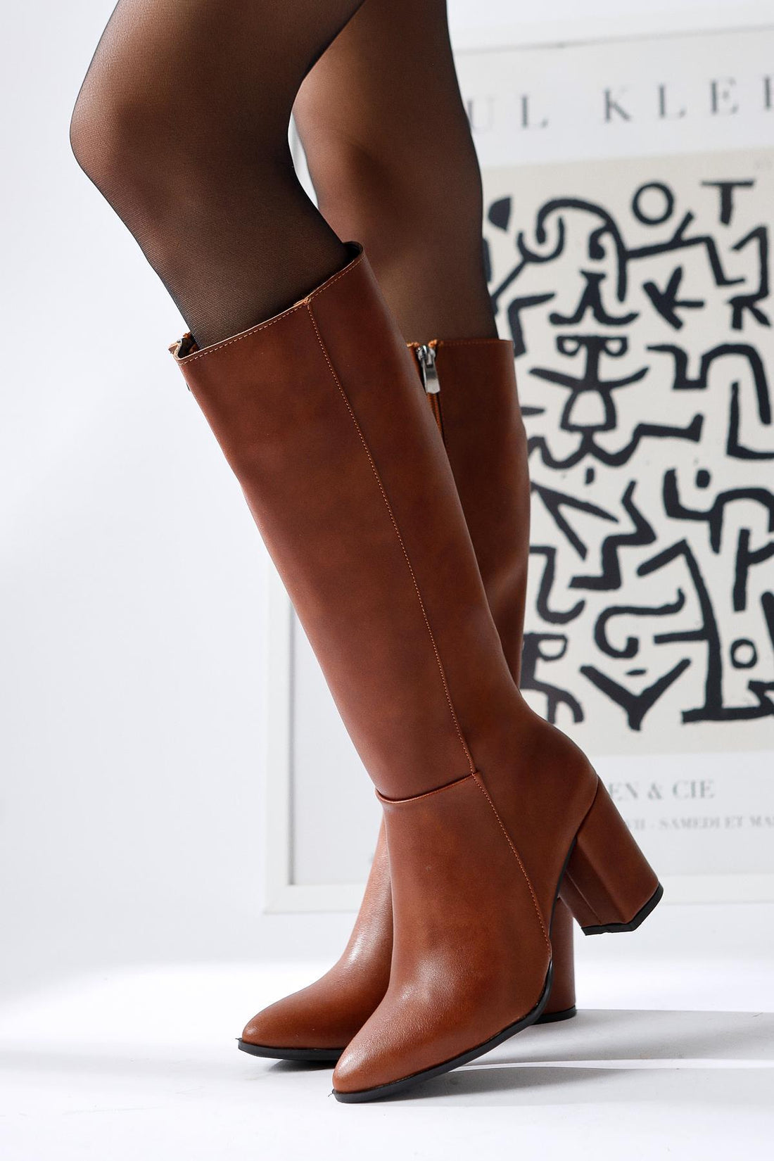 Tatum – Cognac Pointed-Toe Mid Heel Knee-High Boot (Women)