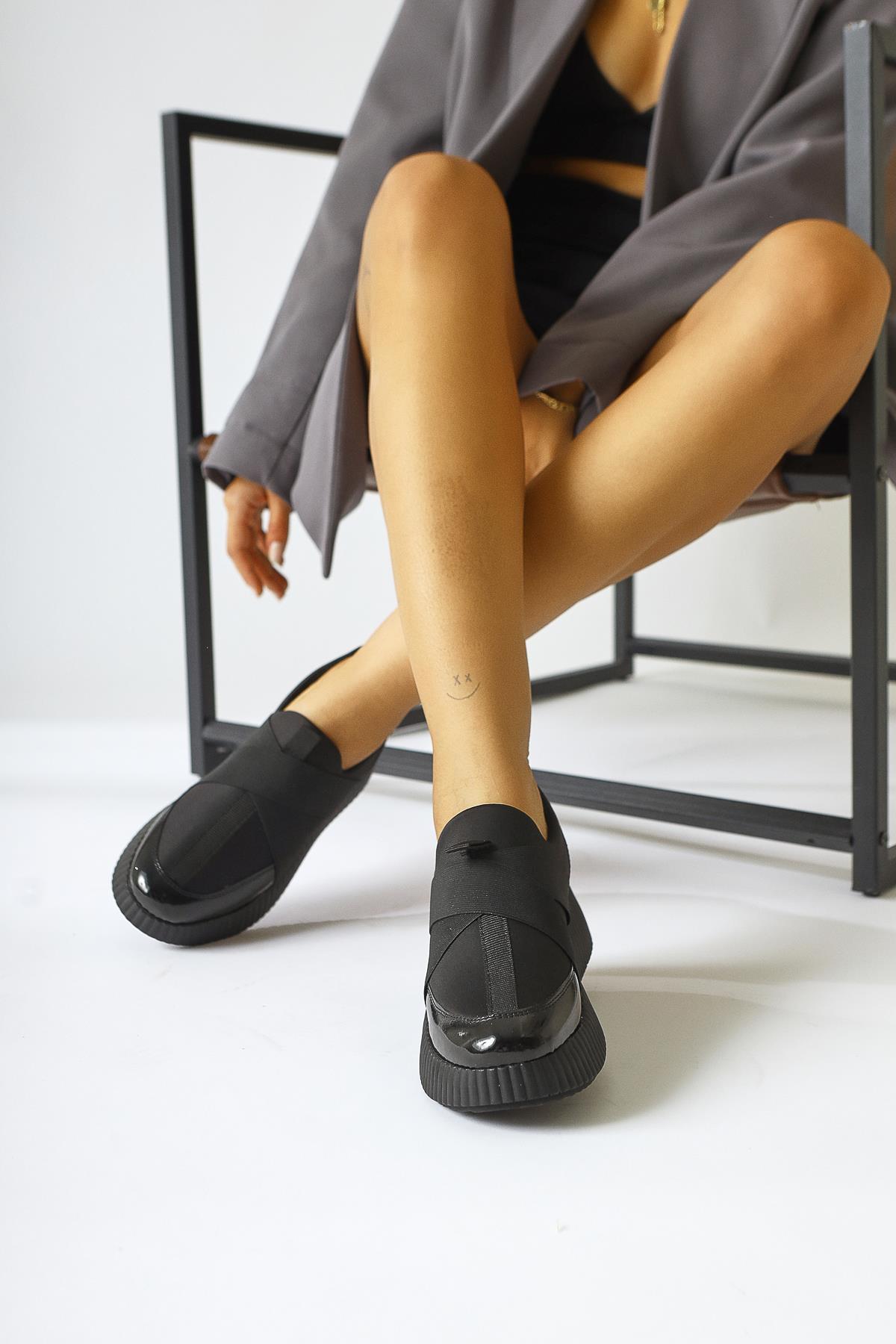 Hanah Black Scuba Fabric Shoe with Patent Detail and Cross Elastic Band