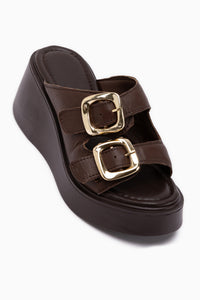 Luna Genuine Leather Brown Double Strap Platform Women’s Slippers