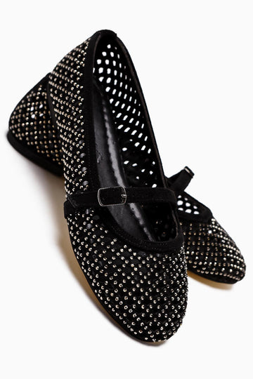 Nicole – Black Suede Oval-Toe Perforated Stone-Detail Single-Band Shoe (Women)