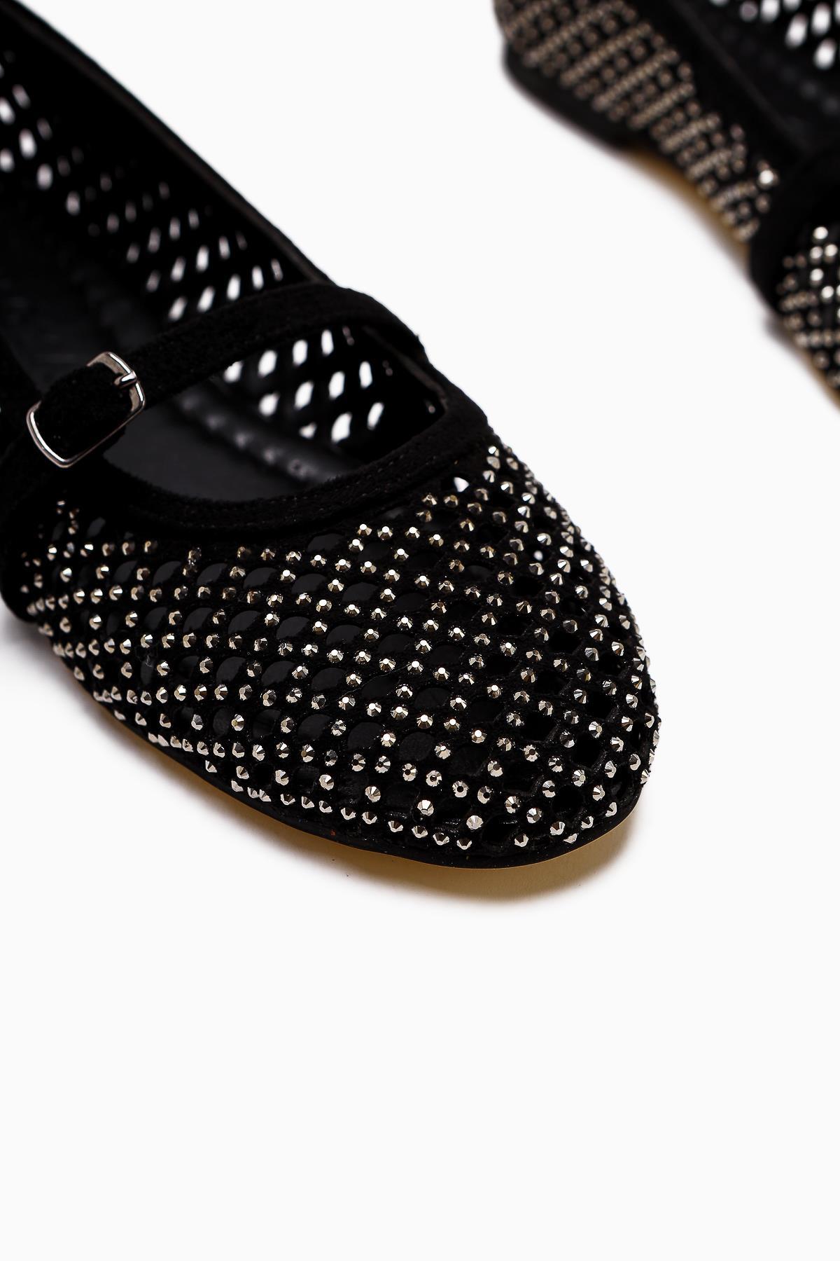 Nicole – Black Suede Oval-Toe Perforated Stone-Detail Single-Band Shoe (Women)