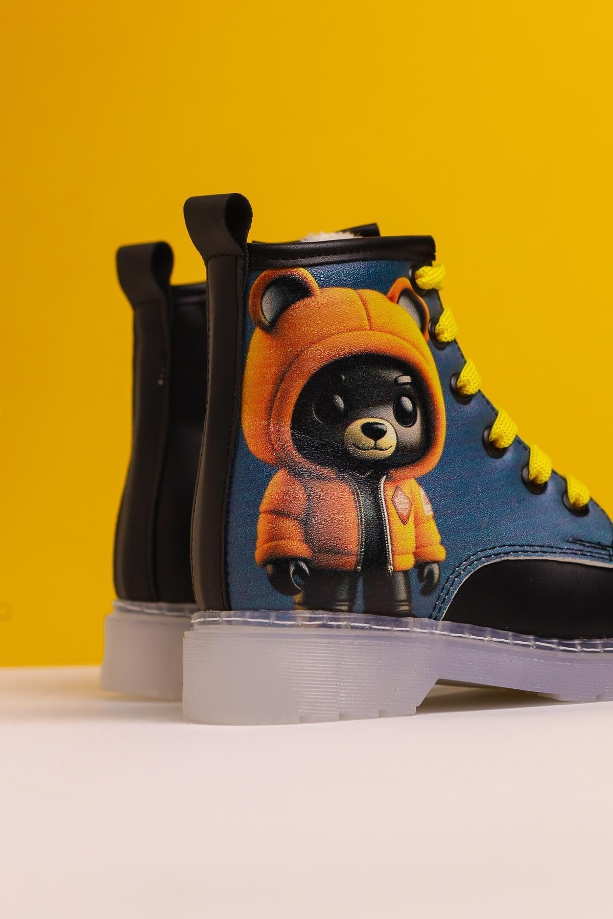 Lisha Black Striped Character Print Lace-Up Kids Boots