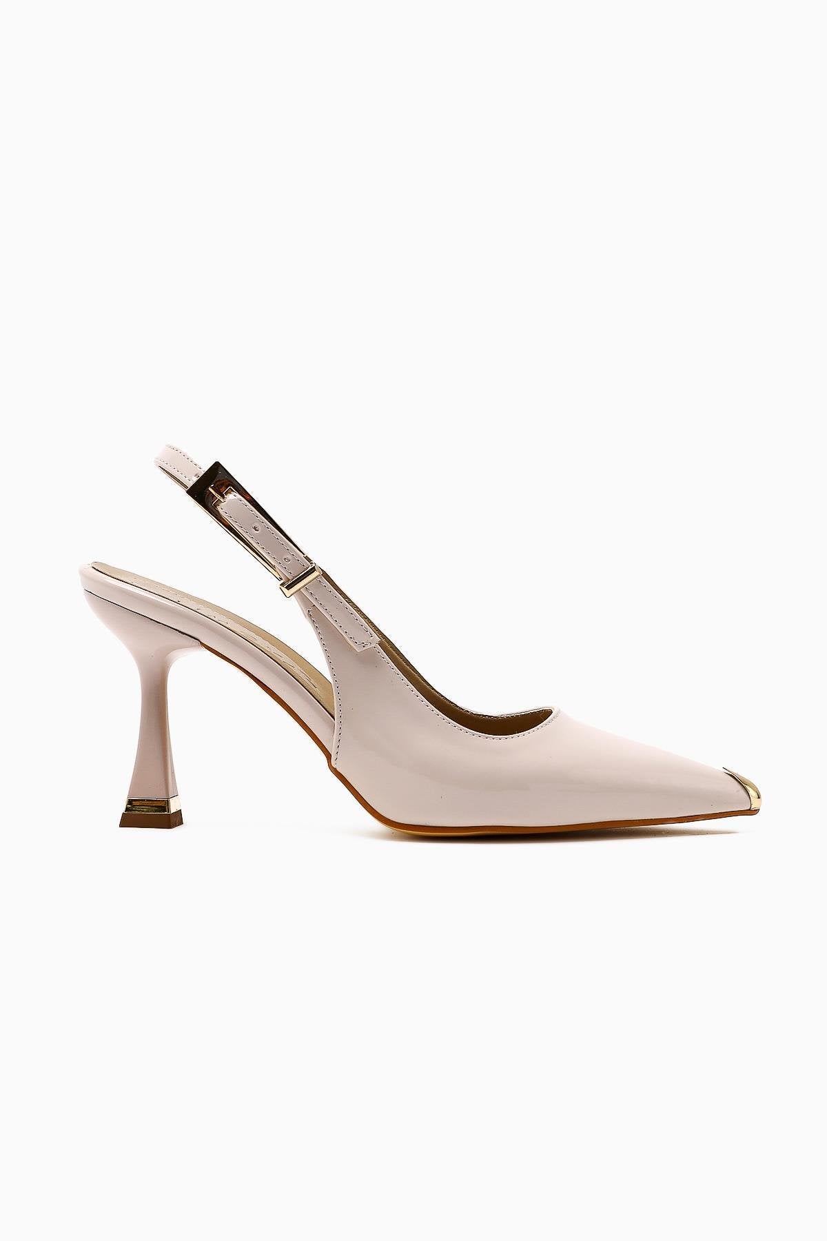 Viona Beige Patent Closed Toe Women’s Heeled Shoes