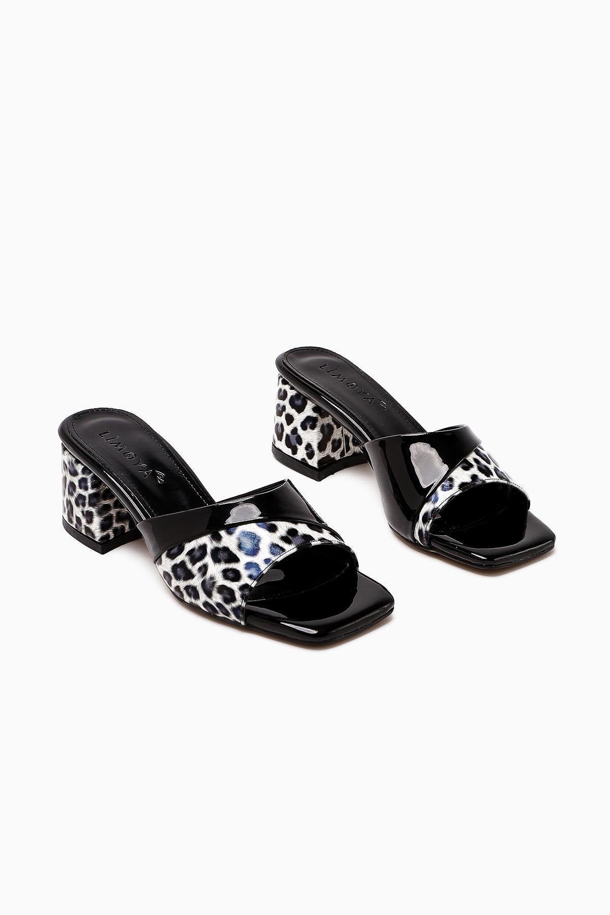 Morena Black Patent Leather Low Heeled Slipper with Leopard Detail