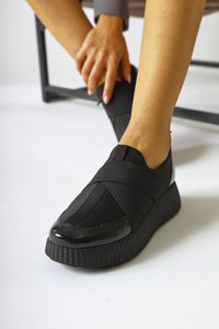 Hanah Black Scuba Fabric Shoe with Patent Detail and Cross Elastic Band
