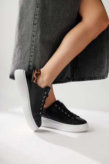 Tinka Black Thick Sole Leopard Detail Sneakers