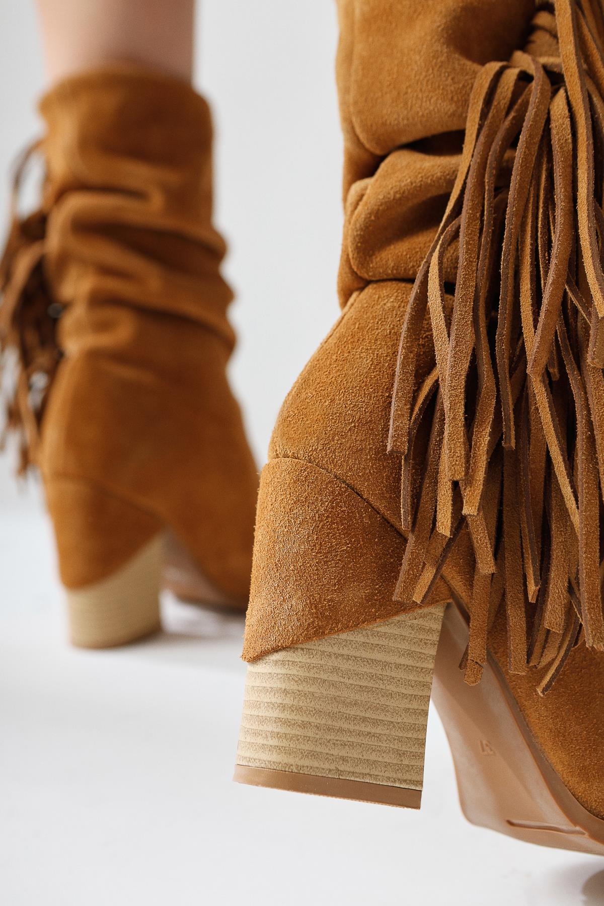 Bohem Genuine Leather Taba Fringed Short Western High Heel Boots