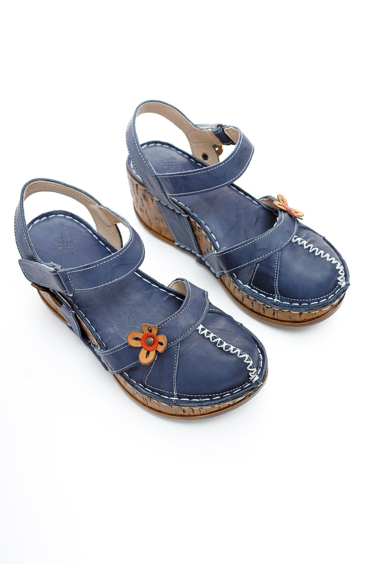 Katlyn Genuine Leather Sandals with Floral Detail and Chunky Heel