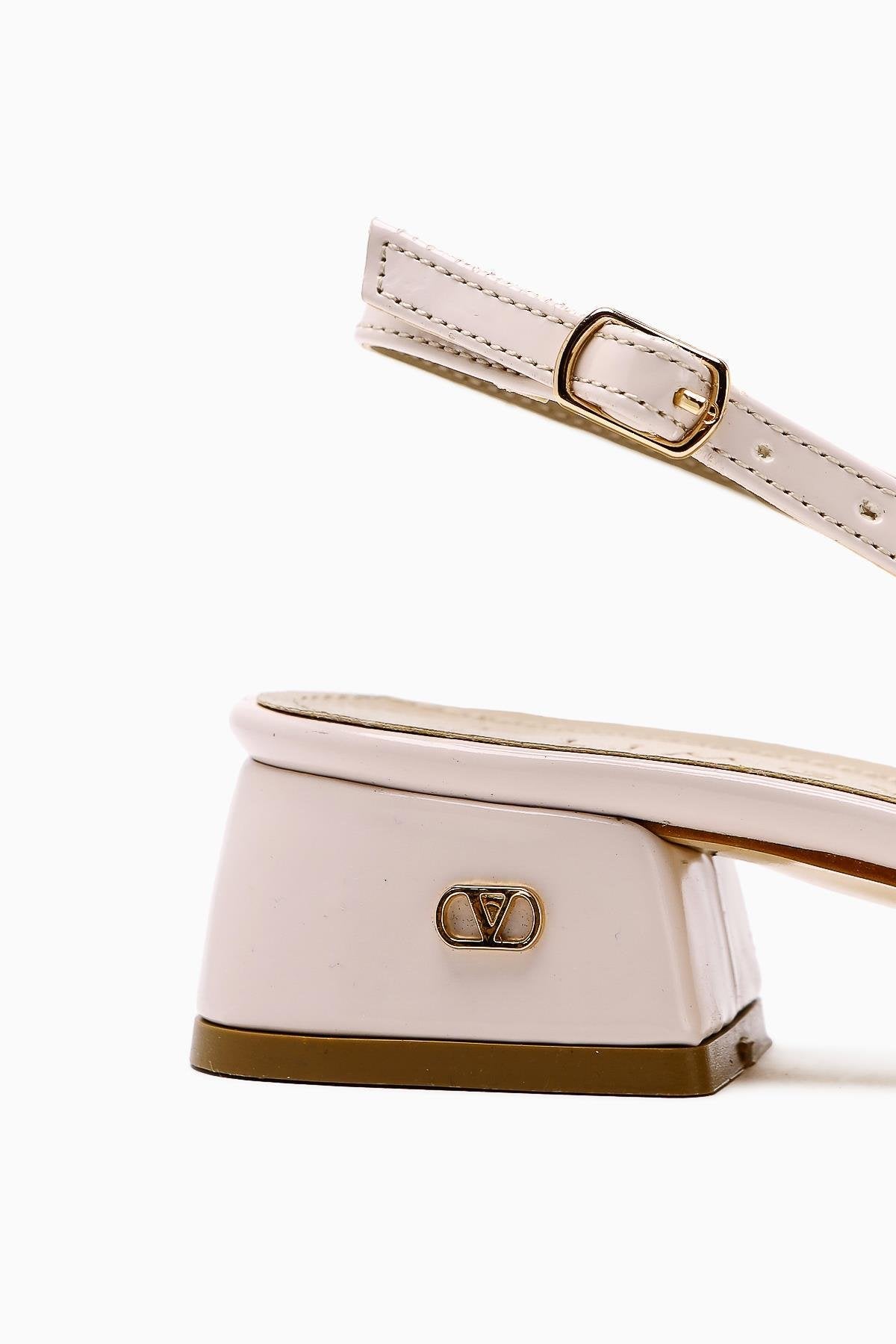 Sevy Beige Patent Buckle Detailed Women’s Heeled Shoes
