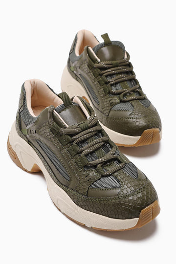 Caisa Olive Textile Detail Lace-Up Women's Sneakers