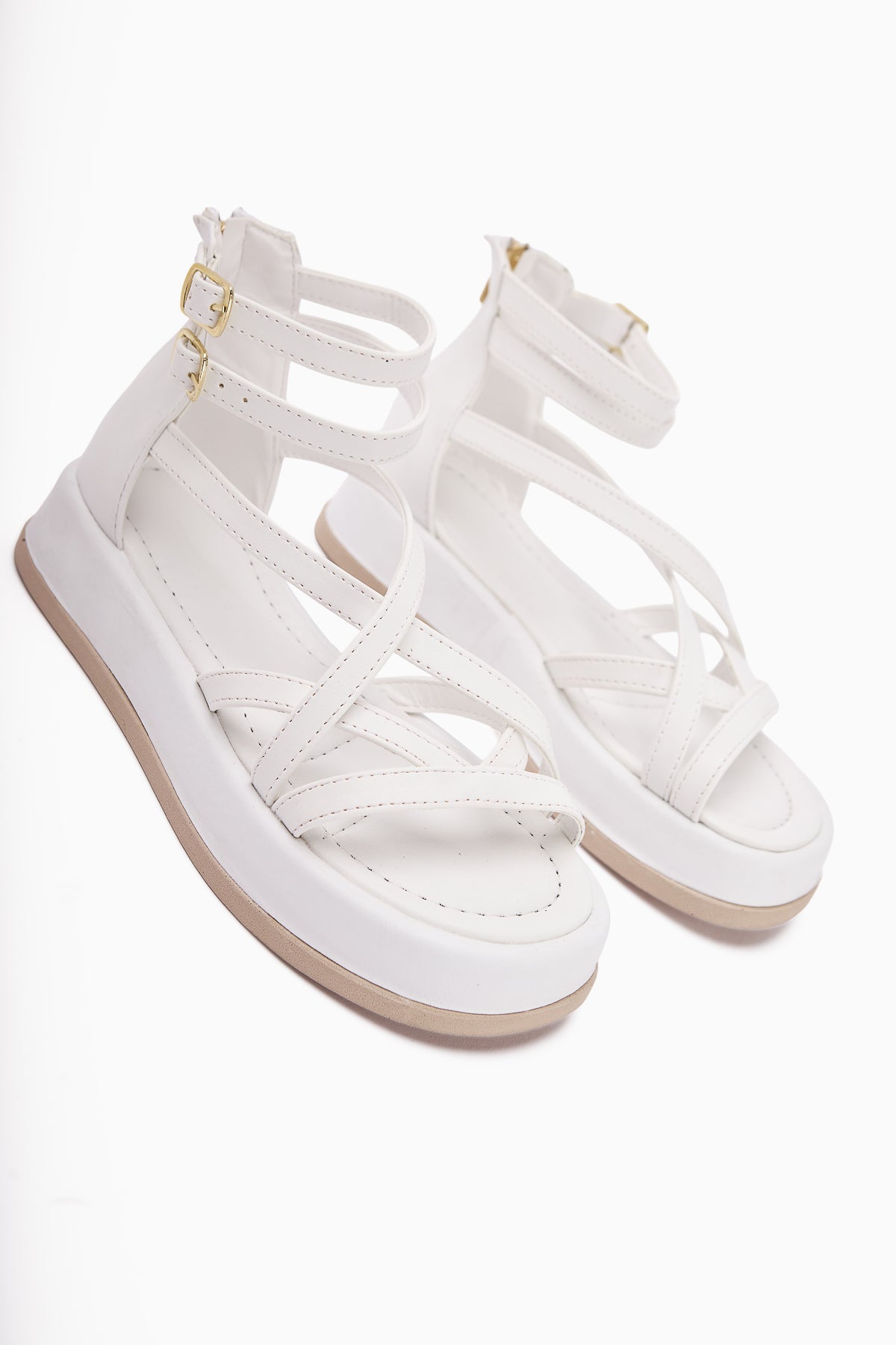 Sara White Women's Sandal with Cross Straps, Thick Sole, Ankle Buckle