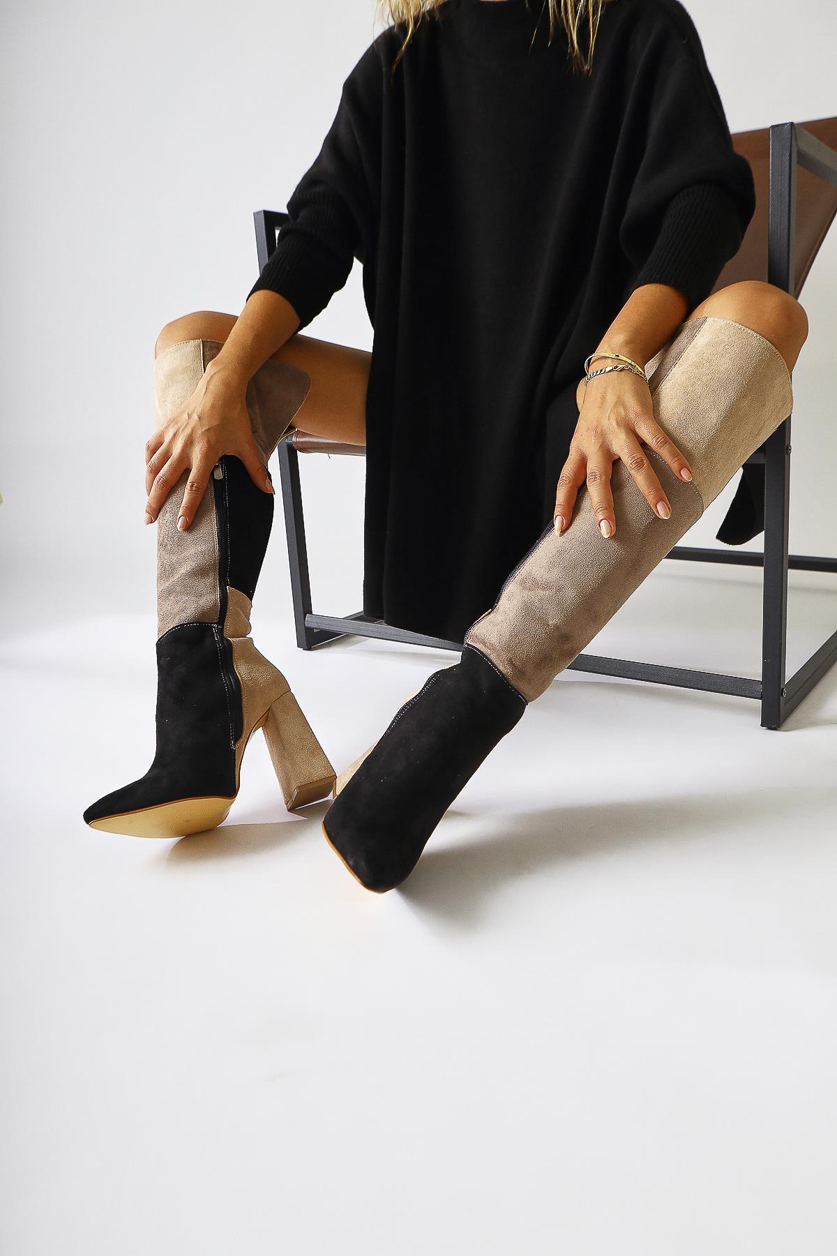 Kamiyah Black Beige Over-the-Knee Boot