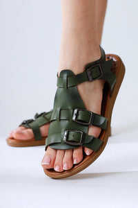 Desta Genuine Leather Olive Buckle Detail Sandal