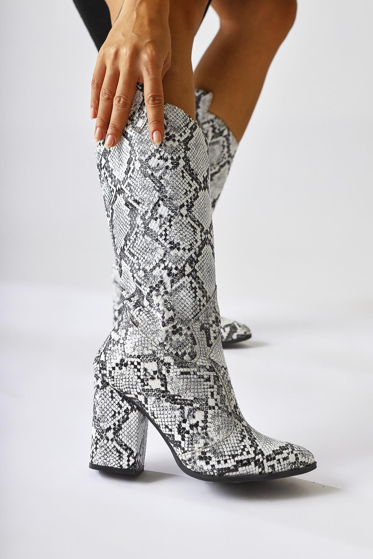 Keri White Snake Pattern Asymmetric Cut Heeled Ankle Boot