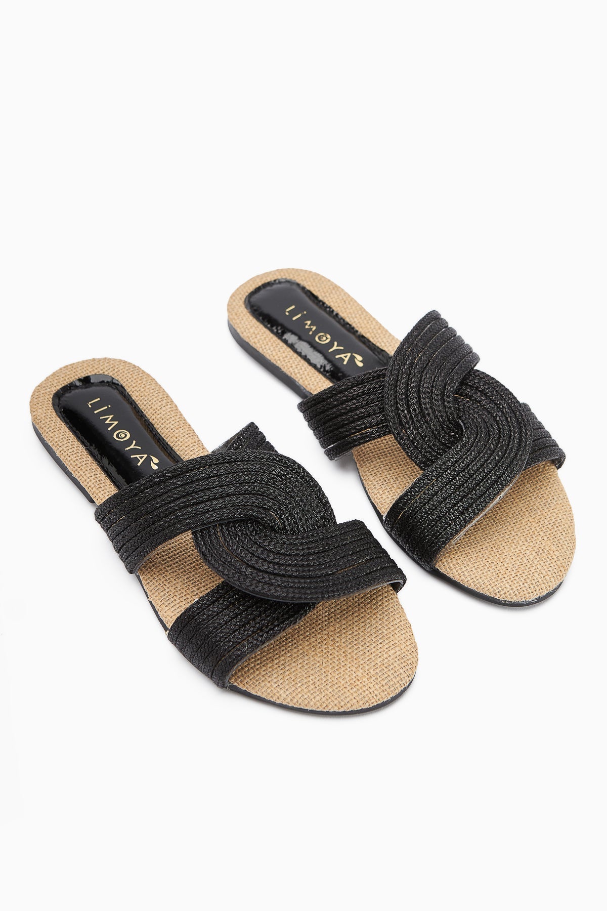 Nihaal – Black Straw Cross-Strap Flat Slide (Women)