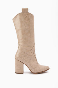 Keri Beige Crocodile Asymmetrical Cut Women’s Short Heeled Boots