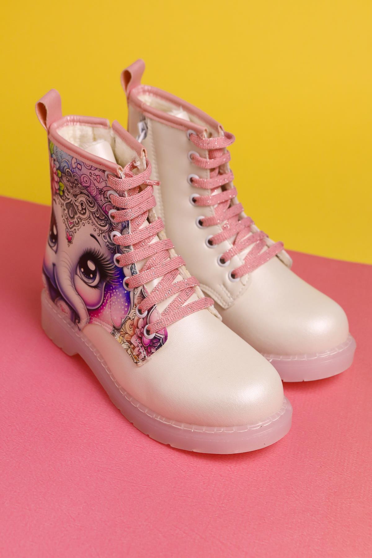 Elodie Mother of Pearl Cartoon Character Print Lace-Up Kids' Boots