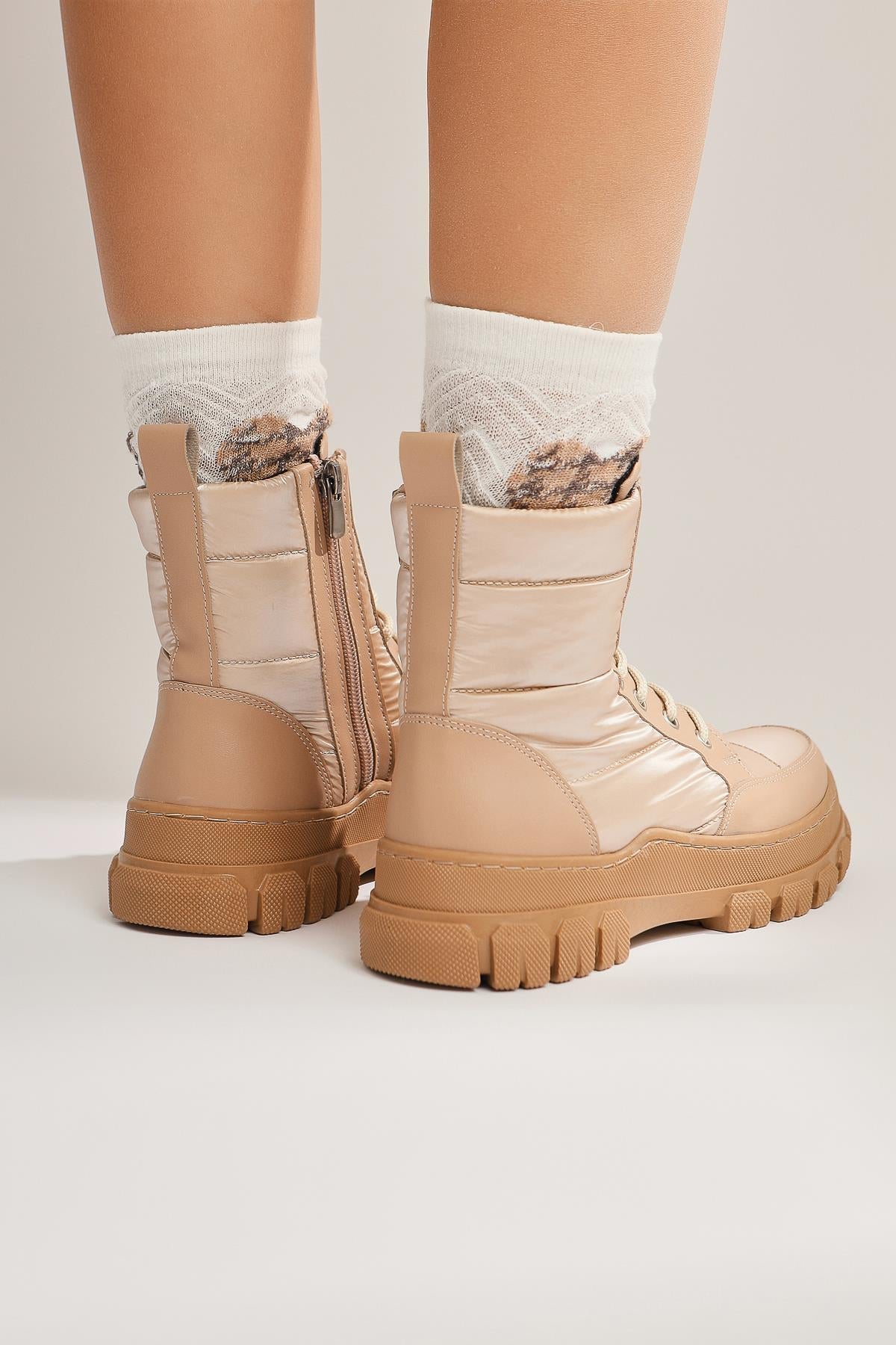 Meredith – Beige Fluorescent Fabric-Detail Lace-Up Boot (Women)