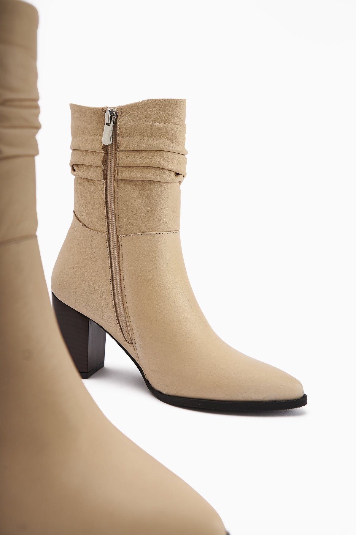 Tamina Genuine Leather Beige Pointed Toe Heeled Women's Boot