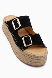 Janika Genuine Leather Black Suede Woven Sole Women’s Slippers