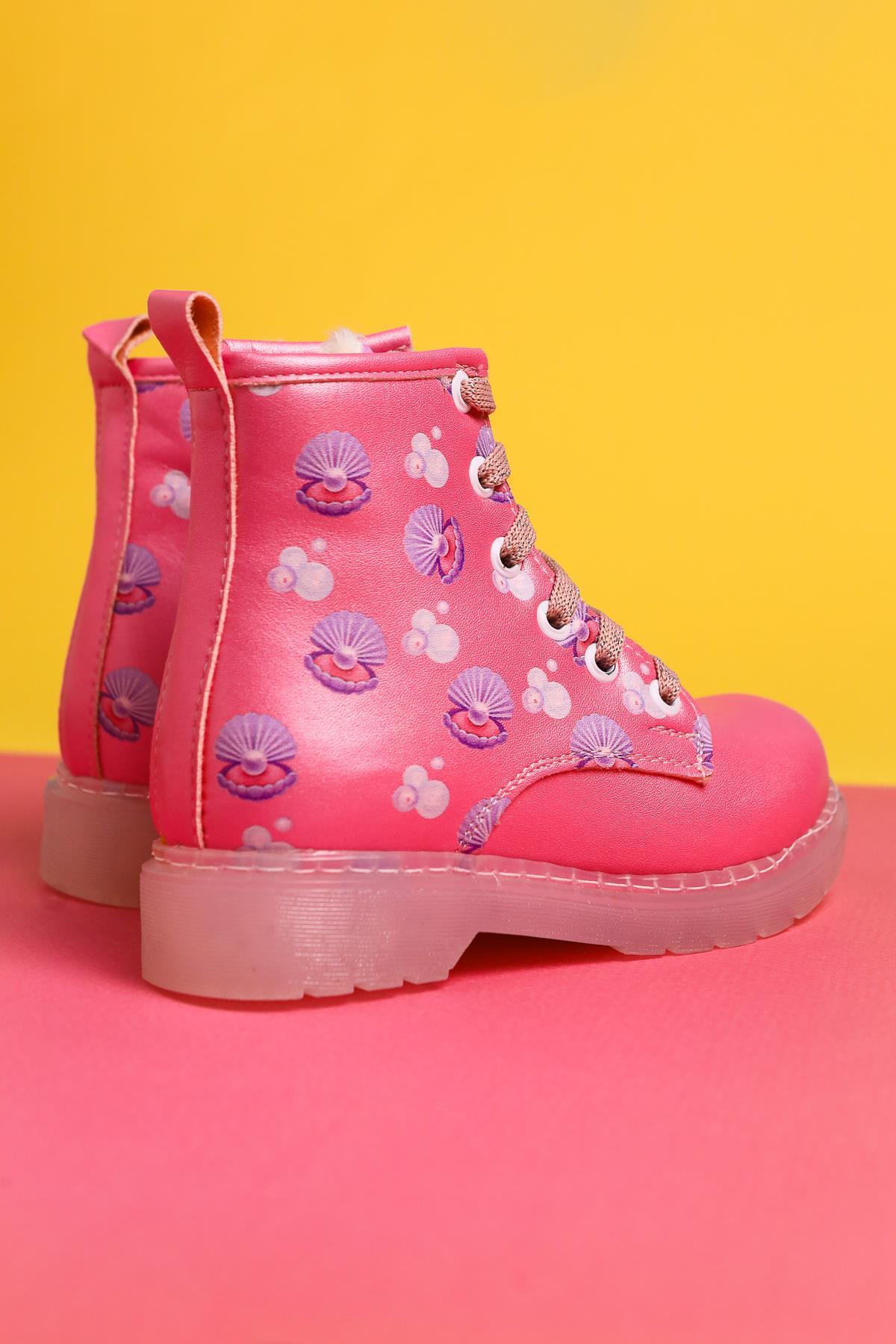 Johline Pink Sea Creature Print Lace-Up Light-Up Kids Boots