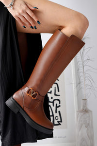 Ginan – Cognac Buckle-Detail Low-Heel Zippered Knee-High Boot (Women)